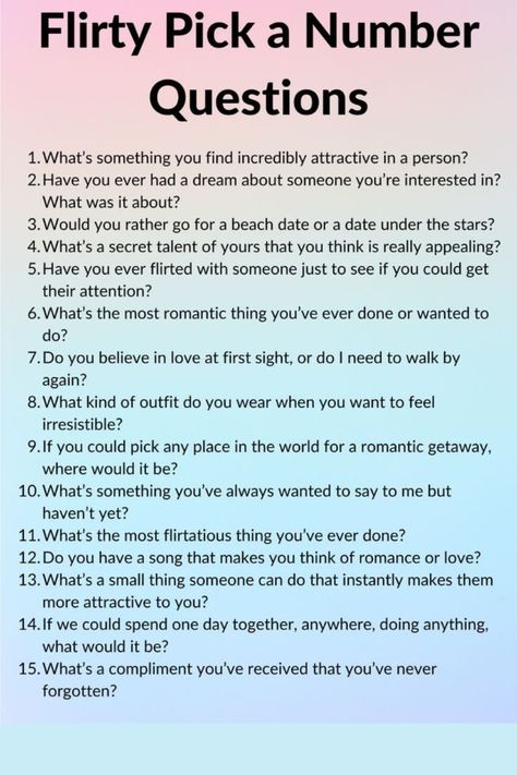 15 flirty pick a number questions Pick A Number Questions, Number Questions, Intimate Questions For Couples, Fun Relationship, Text Conversation Starters, Pick A Number, Spice Up Your Relationship, Flirty Questions, Intimate Questions