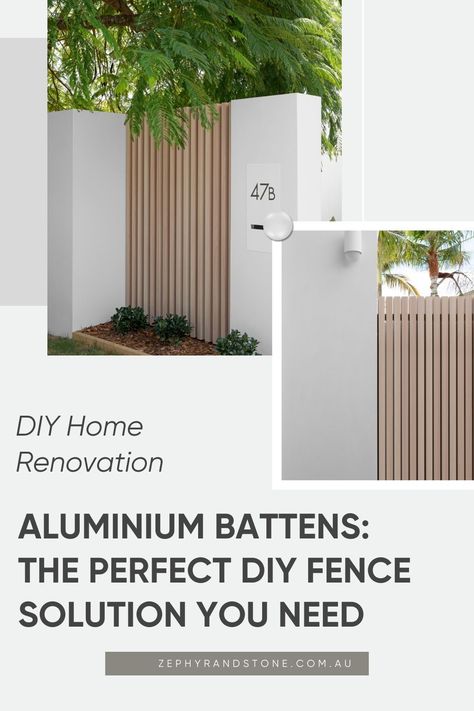 Looking to spruce up your backyard with an affordable, stylish DIY fence? Aluminium battens are your answer! They're easy to work with, lightweight, and durable. Plus, they come in different colors to suit your taste. Click on the pin to discover more about this DIY home renovation tip that's making waves in the fencing world! Backyard Fence Makeover, White Brick Fence, Timber Fence Ideas, Colorbond Fence Colours, Wood Look Aluminium Fence, Modern Coastal Home Exterior, Colorbond Fence Extension, Timber Batten Fence, Aluminium Batten Fence