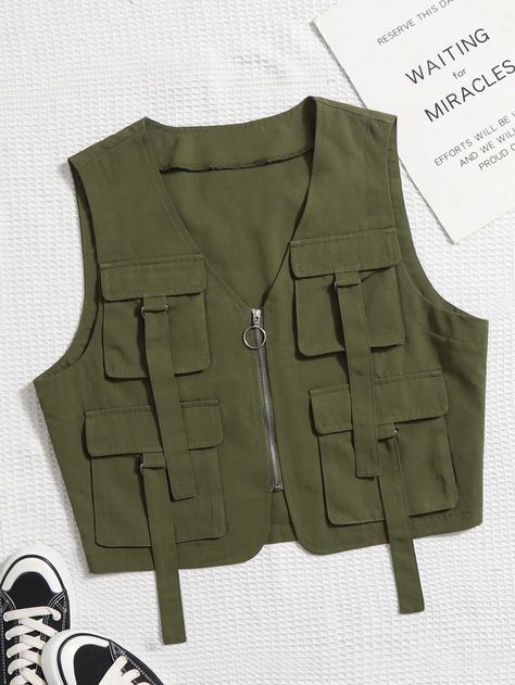 Army Green Casual Collar Sleeveless Woven Fabric Plain vest Embellished Non-Stretch Spring/Fall Women Clothing Cargo Vest Women, Clothes With Pockets, Cargo Jacket Women, Vest Jacket Outfit, Woven Clothes, Army Vest, Vest Ideas, Plain Vest, Army Clothes