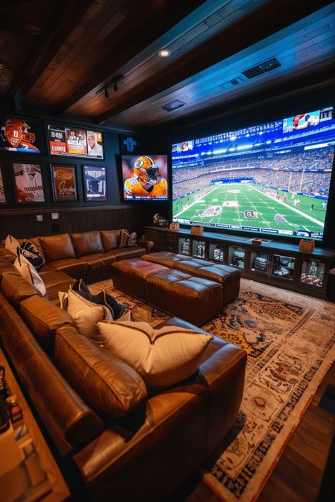 moody man cave for the football lover Upstairs Lounge Room Ideas, Dark Basement Tv Room, Great House Ideas, Basement Bar Living Room, Moody Mid Century Modern Basement, Basement Roof Idea, Man Basement Ideas, Creative Living Room Seating, New Basement Design Ideas