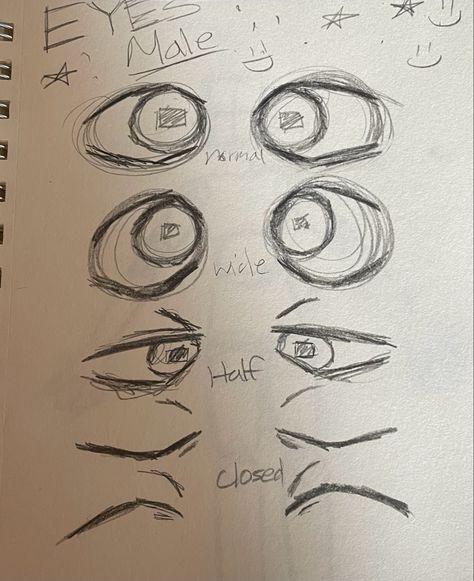 Basically how I draw the eyes for male/more masc characters Male Cartoon Eyes Reference, Different Types Of Head Shapes, Eyes Male Drawing Reference, Drawing Reference Eyes Male, Eyes Drawing Masc, Scared Eyes Drawing Reference, Male Eyes Drawing Base, Male Eye Tutorial Drawing, Eye Tutorial Drawing Male