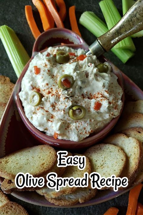 Classic Cream Cheese and Green Olives Spread - This classic creamy olive spread is delicious for tea sandwiches or use it as a tangy creamy dip for veggie sticks or with your favorite party crackers and chips. Olive And Cream Cheese Dip, Cream Cheese Green Olive Dip, Olive Dip Recipe Cream Cheeses, Cream Cheese Italian Dressing Dip, Cream Cheese Olive Sandwich, Cream Cheese And Olive Tea Sandwiches, Olive And Cream Cheese Spread, Celery Dip Cream Cheese, Olive Salad Dip