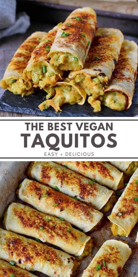 Crispy vegan baked taquitos which are super easy to make, gluten-free, and delicious. These meat-free flautas are filled with a hearty veggie mixture that is bursting with flavor. Enjoy this simple rolled taco recipe as a snack, dinner or side dish! #vegantaquitos #glutenfreetaquitos #veggietaquitos #vegetarian #elasrecipes | elavegan.com Vegan Taquitos, Vegan Diner, Baked Taquitos, Snack Dinner, Vegetarian Recipes Dinner Healthy, Vegan Baked, Taco Recipe, Tasty Vegetarian Recipes, Vegetarian Dinners