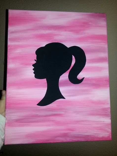 11x14 Pink Barbie Silhouette Painting $20  www.facebook.com/bellablisscreations Barbie Paintings On Canvas, Black And Pink Canvas Painting, Barbie Inspired Painting, Barbie Painting Easy, Barbie Watercolor Painting, Pink Black And White Canvas Painting, Barbie Aesthetic Painting, Barbie Canvas Painting Ideas, Barbie Painting Ideas On Canvas