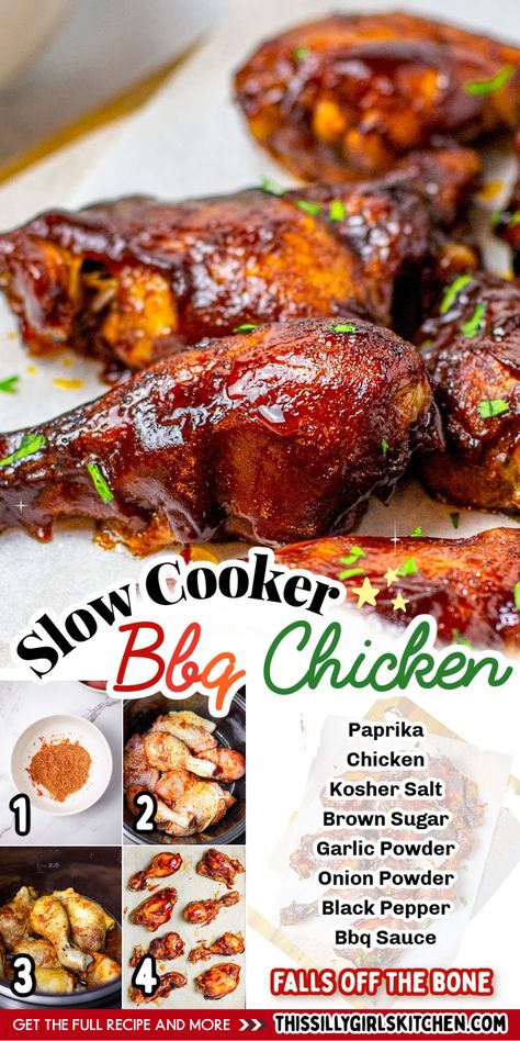 If you're in the mood for an incredibly easy dinner recipe that will have the entire family asking for more, then look no further than This Silly Girl's Kitchen's slow cooker BBQ chicken recipe! With uncomplicated ingredients, preparing this dish is a piece of cake. Just toss everything into your crockpot and savor a satisfying meal! Chicken Pieces Recipes, Super Simple Dinner, Crockpot Bbq Chicken, Bbq Chicken Pasta, Bbq Chicken Recipe, Slow Cooker Bbq Chicken, Bbq Chicken Crockpot, Slow Cooker Bbq, Bbq Chicken Recipes