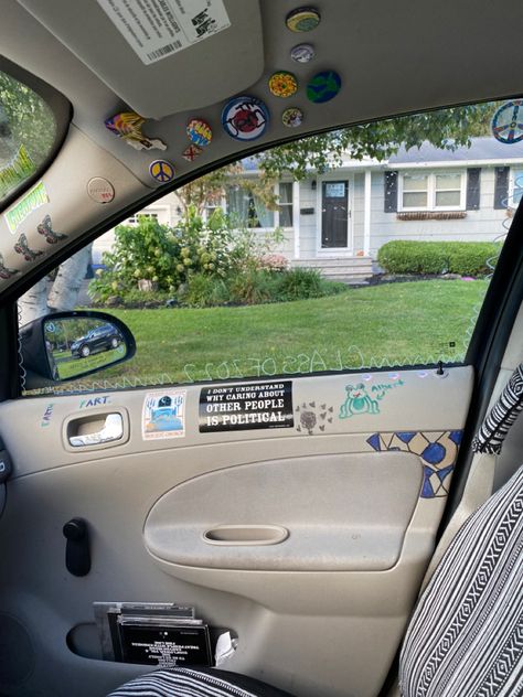 Glovebox Organization Diy Car, Back Of Car Stickers, Car Decor Grunge, Car Decor Theme Ideas, 90s Car Decor, Car Visor Decor, 2000s Car Decor, Alt Car Decor, Simple Car Decor