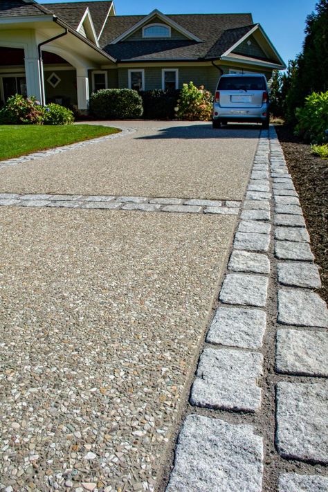 Pervious Concrete Driveway, Mediterranean Driveway Ideas, Pebble Concrete Driveway, Gravel And Cement Driveway, Concrete Driveway With Brick Inlay, Natural Stone Patios, Gravel And Concrete Driveway, Natural Stone Driveway, Long Concrete Driveway