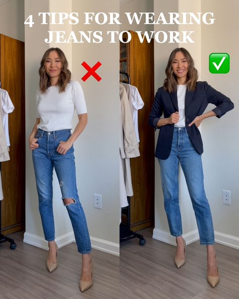 Outfit With Jeans For Work, Business Casual Outfits Jean, Friday Work Outfit Jeans Offices, Office Attire Jeans, Jeans To Office Work Outfits, Fall Work Outfits With Jeans, Jeans Summer Work Outfits, Summer Jean Outfits Work, Smart Casual Office Wear Women Summer