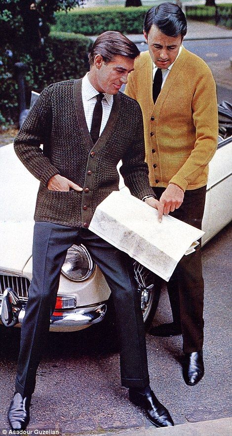 These men are pictured in a publicity shot in 1966 (left) wearing shirts, ties and knitted... 1960s Mens Fashion, 1960s Fashion Mens, 60s Mens Fashion, 60s Outfits, 60s Men, 1960 Fashion, 1960s Outfits, Teddy Boys, Sixties Fashion