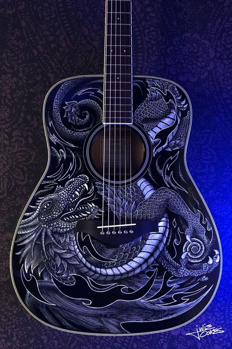 Custom painted guitar with dragon tribal flame design Guitar Art Painting, Acoustic Guitar Art, Painted Ukulele, Electric Guitar Art, Painted Guitar, Custom Acoustic Guitars, Custom Bass Guitar, Guitar Keys, Guitar Artwork