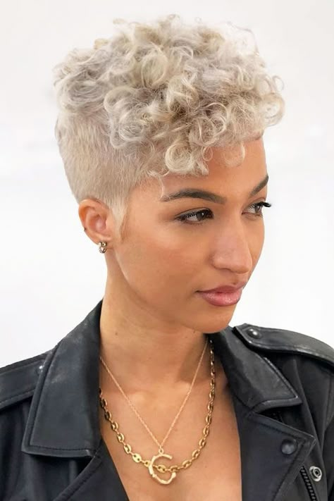 Curly Top With Shaved Sides #shortcurlyhairstyles #curlyhairstyles #hairstyles ❤ Here is a list of short curly hairstyles and tips for girls with curls. In case your curls are out of control and you can’t tame the wild tresses. #lovehairstyles #hair #hairstyles #haircuts Short Hair With Curls On Top, Curly Top Pixie Haircut, Short Shaved Curly Hairstyles, Womens Haircut Shaved Sides, Short Hair Curly On Top, Short Curly Hairstyles Shaved Sides, Curly Pixie With Shaved Sides, Short Curls Hairstyle Women, Shaved Sides Curly Top