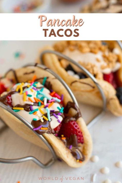 Bored with the same old breakfast routine? Try pancake tacos—fluffy pancakes folded into cute taco shapes, bursting with fresh berries, a drizzle of chocolate, and a dash of whimsy. Your mornings just got a whole lot more fun! https://www.worldofvegan.com/pancake-tacos/ Pancakes Tacos, Pancake Tacos, Vegan Chicken Recipes, Oyster Mushroom Recipe, Taco Filling, Snack Wrap, Fun Breakfast, Breakfast Routine, Banana Breakfast