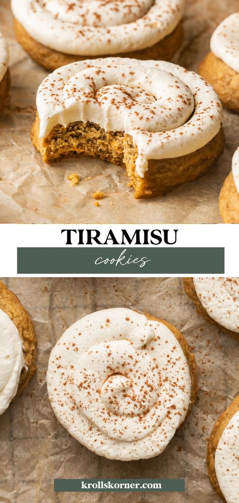 Tiramisu Cookies • Kroll's Korner Krolls Korner Cookies, Krolls Cookies Recipe, Krolls Korner, Tiramisu Cookies, Homesteading Recipes, Large Cookies, Mascarpone Frosting, Tiramisu Dessert, Holiday Cookie Exchange