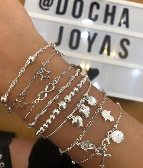 Silver Bracelet Stack, Silver Jewlery, Wrist Jewelry, Jewelry Accessories Ideas, Nail Jewelry, Dope Jewelry, Classy Jewelry, Jewelry Essentials, Funky Jewelry