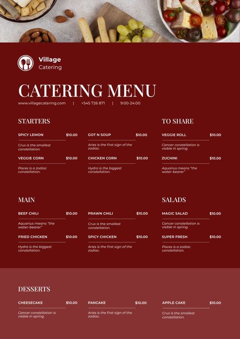 Simple Village Catering Menu Catering Menu Ideas, Catering Branding, Catering Menu Design, Ideas Para Catering, Coffee Catering, Wedding Menus Design, Main Salad, Catering Design, Cute Bakery