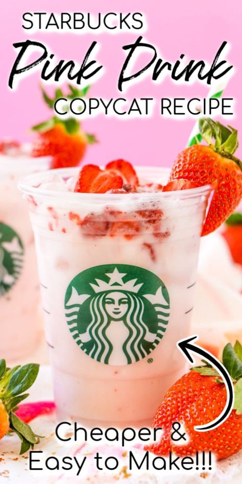 This Copycat Starbucks Pink Drink is a cheaper and just as delicious recipe to make your favorite fruity Starbucks beverage right at home with acai berry tea, coconut milk, white grape juice, simple syrup, and freeze-dried strawberries! via @sugarandsoulco Pink Drink Recipe, Tazo Passion Tea, Starbucks Pink Drink Recipe, Pink Drink Starbucks, Starbucks Pink Drink, Pink Drink Recipes, Starbucks Strawberry, Passion Tea, Strawberry Acai