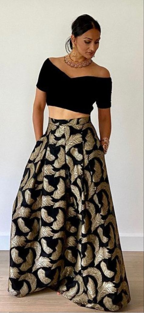 Skirt And Blouse Ideas, Indian Skirts And Tops, Blouse Designs With Skirt, Blouse Designs With Skirt Indian, Velvet Blouse With Skirt, Long Top Lengha, Off Shoulder Full Sleeve Blouse, Off Shoulder Saree, Fusion Lehenga