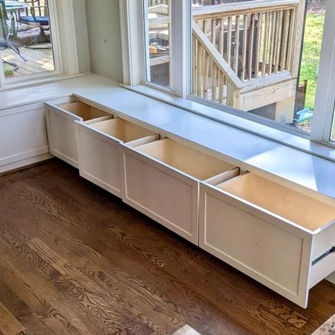 Window Bench with Drawers | Built-Ins, Cabinetry ... (Project Name) Built In Sitting Bench With Storage, Cabinets With Bench Seating, Built In Bench Seating Sunroom, Cabinetry Around Window, Window Seat Straight Wall, Seat Bench With Storage, Built In Bookshelf With Bench, Mushroom Built Ins, Mudroom Built Ins Around Window