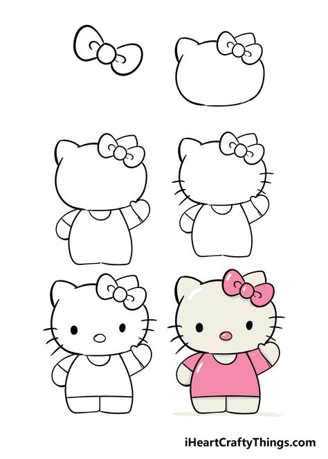 High Hello Kitty Drawing, Step By Step Hello Kitty Drawing, How To Hello Kitty, Hello Kitty Tutorial To Draw, How To Draw Hello Kitty Face, How To Draw A Hello Kitty, Animals To Draw Step By Step, Draw By Step, Stuff To Draw Step By Step