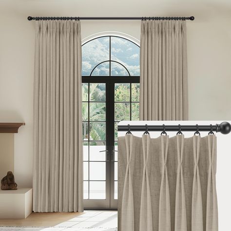 PRICES MAY VARY. Pinch Pleated Curtains of Package: Each Package include 2 panels of pinch pleated curtains blackout and 20 hooks (without rings), each panel is 40 inches wide and 108 inches long, the linen blackout curtains suitable for bedrooms, living room, dining room, nursery, kitchens, farmhouse and more. 100% Blackout Curtains：The pinch pleat linen curtains have a 205g heavyweight white lining, which is designed to block out 100% sunlight, uv rays and work well in noise reducing,thermal i Arch Window Treatments Living Room, Apartment Living Room Curtains Ideas, Drapes For Tall Windows High Ceilings, Sheers And Blackout Curtains, Curtains For Farmhouse Bedroom, Tan Living Room Curtain Ideas, Cream Curtains Black Rod, Arched Window Curtain Ideas, Huge Windows Living Room Curtains