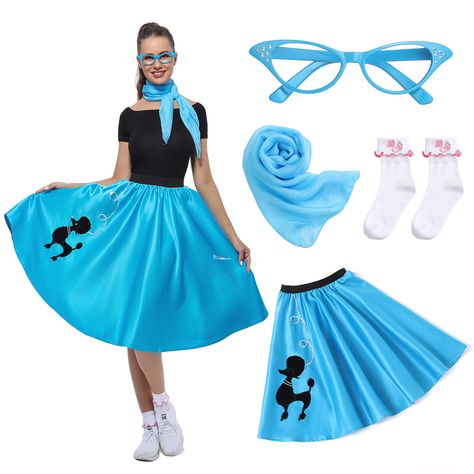 PRICES MAY VARY. 🧦 Adults Sock Hop Costume Included---A poodle skirt for women, a pair of glasses frames, a soft silky scarf, and a pair of lace white socks. The adults 50s costume for women does not include a black top, but this poodle skirt is very versatile, it could be matched with t-shirts, jackets, sweaters, shirts etc, just as you like. 🧦 Fabric & Details Of The 1950s Sock Hop Outfits---The poodle skirt is made of 100% polyester fibre, high-quality materials and looks shiny. The 1950s s Sock Hop Outfits, 1950s Sock Hop, Sock Hop Costumes, 1950s Poodle Skirt, Poodle Skirt Costume, Poodle Skirt Outfit, Poodle Dress, 50s Costume, Halloween Party Dress