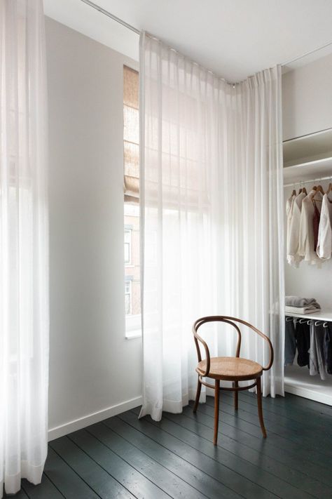 Curtains to hide open storage | Seven interesting ways to use curtains | These Four Walls blog Moveable Wall, Vintage Leather Sofa, Open Wardrobe, Room Divider Curtain, Ensuite Bathrooms, Cheap Decor, Open Storage, Terrace House, Cheap Home Decor