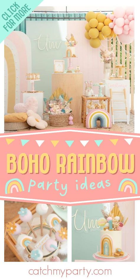 Don't miss this gorgeous boho rainbow birthday party! The cake is amazing! See more party ideas and share yours at CatchMyparty.com Rainbow Adoption Party, Rainbow Birthday Theme, Toddler Birthday Themes, Boho Rainbow Birthday Party, Unique Birthday Party Themes, Rainbow Party Favors, Rainbow Themed Birthday Party, Hippie Birthday, Birthday Drinks