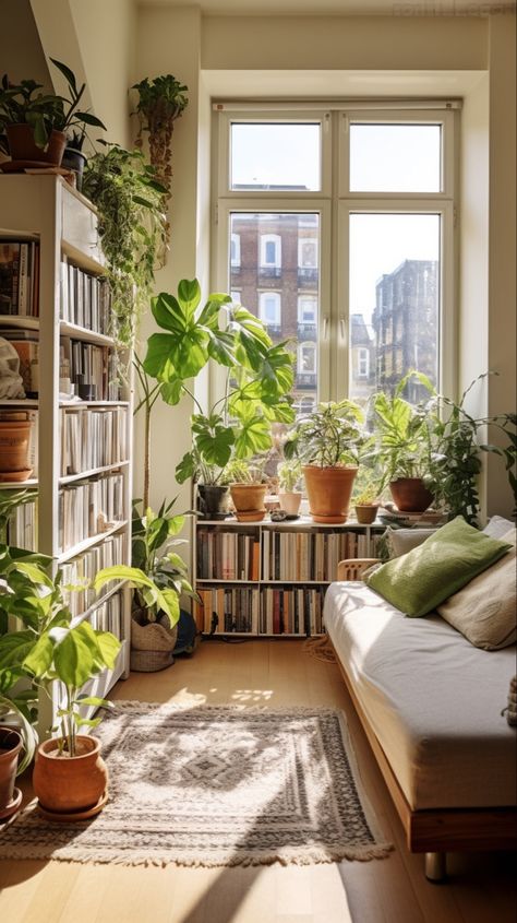 Simple Room With Plants, Library And Plant Room, Green House Aesthetic Bedroom, Cozy Apartment With Plants, Green Room Library, Cozy Green Apartment, Natural Room Inspiration, Bedroom With Plants And Books, Library Plant Room