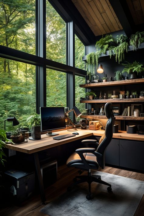 Office In The Woods, Rustic Study Room Ideas, Rustic Office Desk Ideas, Nature Home Office, Woodsy Office Decor, Software Engineer Home Office, Bedroom Ideas For Gamers, Rustic Office Ideas, Tech Home Office