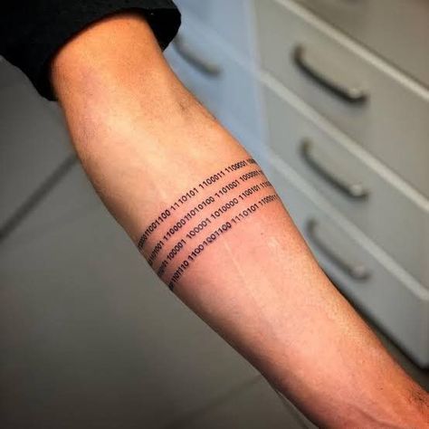 Coder Tatoos, Cybersecurity Tattoo Ideas, Word Band Tattoo, Binary Tattoo Ideas, Cybersecurity Tattoo, Coding Tattoo Ideas, Cribbage Tattoo, Matrix Code Tattoo, Non Binary Tattoo Ideas