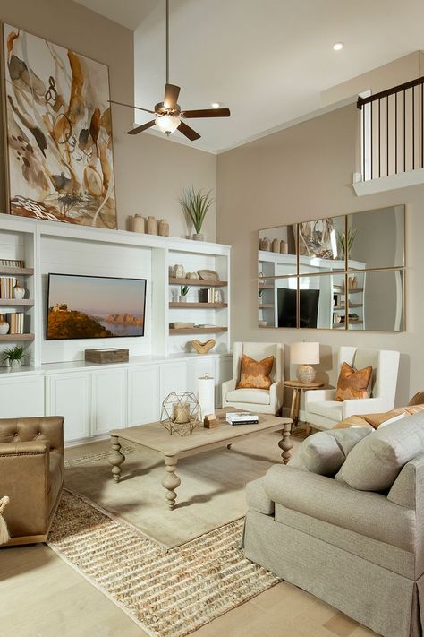 Tv Built In Wall Unit High Ceiling, Built In Shelves 2 Story Living Room, Built In On Vaulted Wall, Built In Cabinets Living Room High Ceiling, Built Ins High Ceiling Living Rooms, Living Room Decor Tall Ceilings, Tv Unit High Ceiling, Tv Wall Decor Tall Ceilings, Large Wall Decor Living Room Vaulted Ceilings