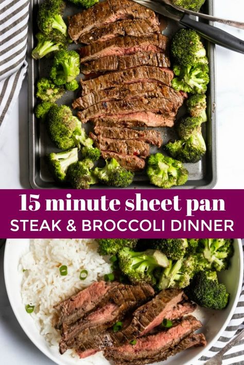 Flank Steak And Rice, Steak Rice And Broccoli, Flank Steak Recipes Oven Sheet Pan, Think Steak Recipes Dinners, Baked Flank Steak Oven, Flank Steak Sheet Pan, Steak And Broccoli Recipes, Easy Flank Steak Recipes, Flank Steak In Oven