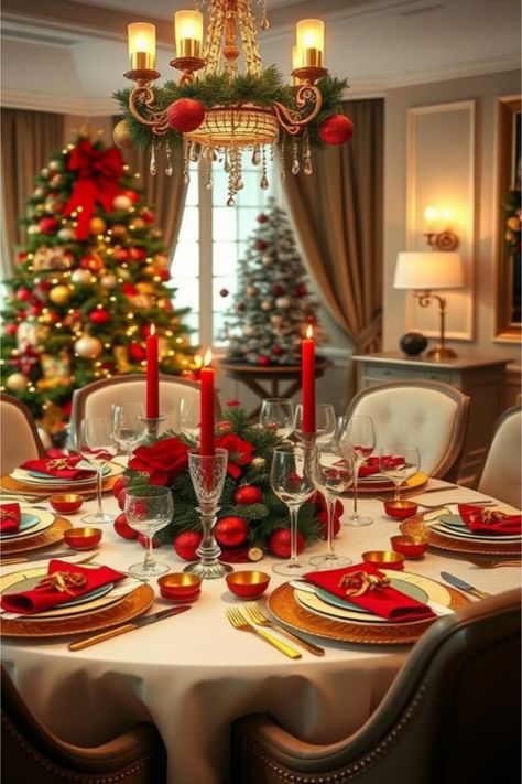 Christmas table setting ideas Large Christmas Table Centerpieces, Cozy Christmas Dining Room, Square Table Christmas Centerpiece, Christmas Centerpieces For Round Tables, Christmas Banquet Table Decorations, Xmas Table Centerpieces, Christmas Table Centerpieces Elegant, Dining Room Decor Christmas, Table Christmas Centerpiece