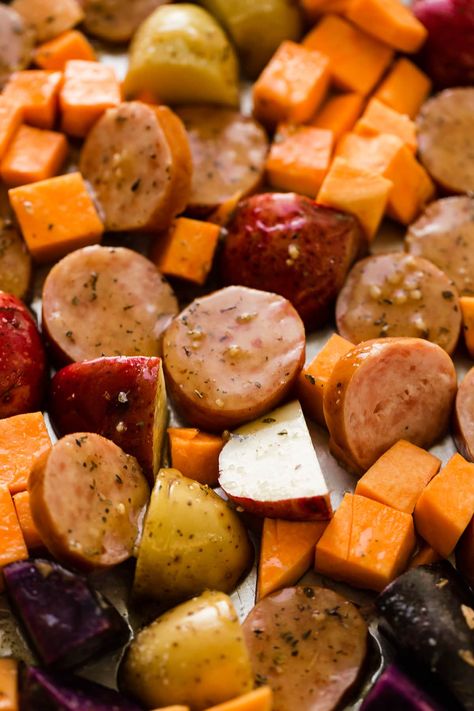 Sheet Pan Honey Garlic Kielbasa Recipe - Oh Sweet Basil One Pan Honey Garlic Kielbasa, Honey Garlic Kielbasa, Turkey Kielbasa Recipes, Kielbasa Recipe, How To Cook Kielbasa, Kielbasa And Potatoes, One Pan Dinner Recipes, Potatoes And Broccoli, Kielbasa Recipes