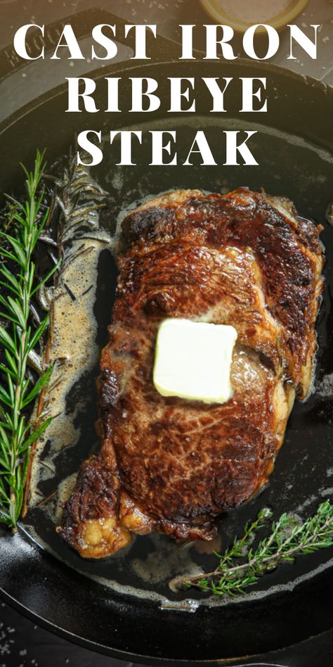 This Cast Iron Ribeye Steak is flavored with rosemary, thyme, butter, and garlic. It also has a nice crust on the outside and juicy center. So delicious! #steak #steakrecipe #meat #lunch #easyrecipe # Oven Grilled Steak, Cast Iron Recipes Dinner, Cast Iron Skillet Recipes Dinner, Cast Iron Steak, Ribeye Steak Recipes, Air Fryer Steak, Cooking The Perfect Steak, Grilled Steak Recipes, Air Fry Recipes