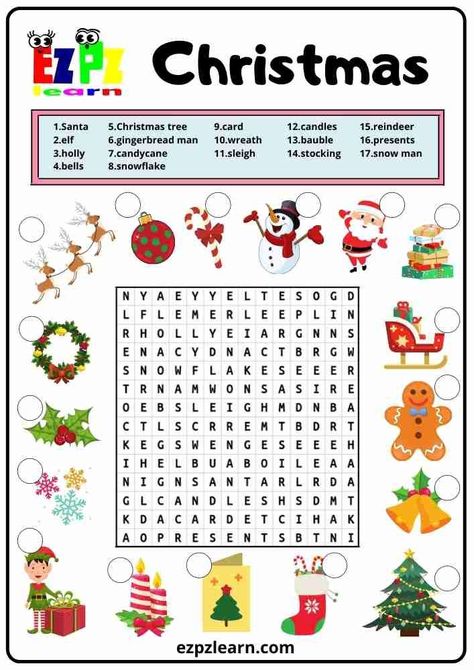 More fun with your teaching with Free Printable English Word Search wwith pictures topic Christmas worksheets for ESL teachers using for kindergarten, preschool and so on you can either download or print directly from our website. Christmas English Activities, Christmas Worksheets Preschool, Christmas Worksheets For Kids, Christmas Word Search Printable, Christmas Worksheet, Christmas Crossword, Christmas Fonts Free, Christmas Word Search, Christmas Lesson