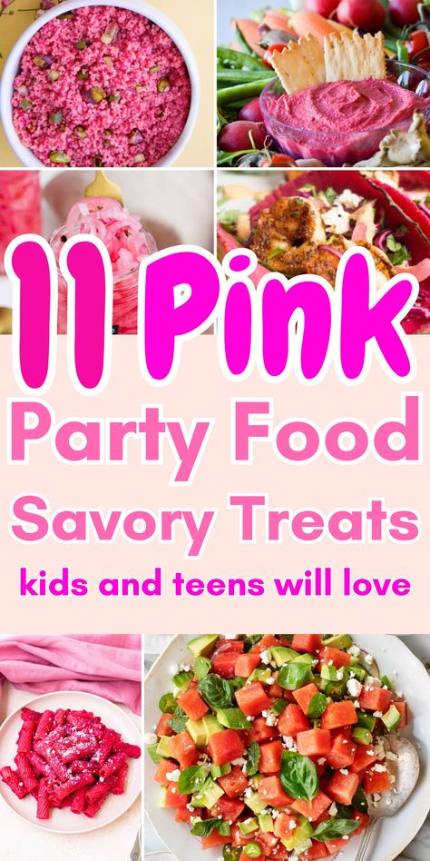 Pink is the colour of the moment thanks to Barbie and a Gen Z obsession with Y2K style, so let's embrace the colour pink when planning our next kids or teen birthday party by preparing some wonderfully pink party food. Add a splash of pink colour with pink savoury party food, pink sweet treat party food, pink snacks, pink dips, pink donuts, pink turkish delight, pink marshmallow, pink cupcakes, pink rice, pink cous cous and wash it all down with some pretty pink drinks. Kids party planning, teen Pink Horderves, Pink Cheese Ball, Pink Food Ideas Appetizers, Pink Color Party Ideas Food, Pink And Blue Food Ideas, Colorful Party Food Ideas, Pink Food Savoury, Pink Entree Food, Legally Blonde Party Food