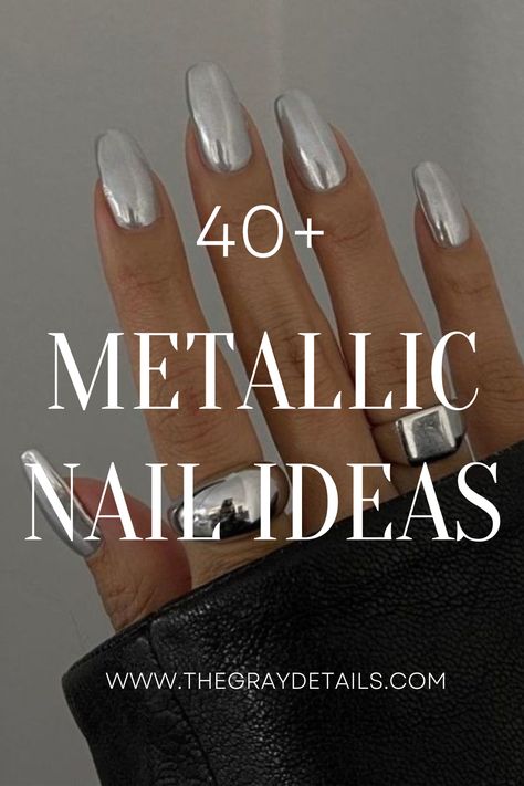 40 + Metallic Nail Ideas Silver Chrome Dip Nails, Gold Silver Nails Ideas, Pearl Chrome Dip Nails, Sns Nails Inspiration, Black Metallic Ombre Nails, Metallic Gel Nail Colors, White And Metallic Nails, Gray Dipped Nails, Nail Ideas Metallic