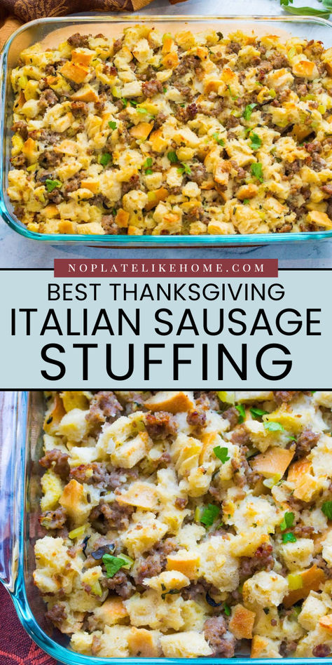 Make the Best Thanksgiving Italian Sausage Stuffing for your Thanksgiving turkey! This homemade stuffing recipe is made with ground Italian sausage, fresh herbs, and homemade bread cubes. It's an easy Thanksgiving dinner menu idea! Sausage Bacon Stuffing Thanksgiving, Dressing With Italian Sausage, Thanksgiving Stuffing With Sausage And Mushrooms, Italian Turkey Stuffing Recipes, Stuffing Italian Sausage, Italian Rice Stuffing Thanksgiving, Turkey Stuffing With Sausage Meat, Stuff A Turkey With Stuffing, Italian Stuffing For Thanksgiving