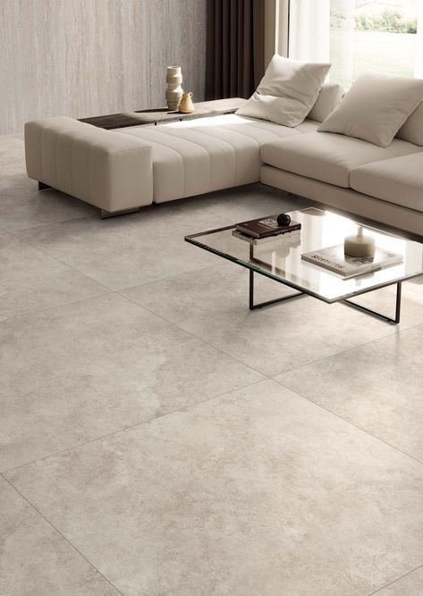 Pietra Tiburtina tile collection by Casalgrande Padana Tiles For Floor Living Room, Living Room Flooring Tiles, Kitchen With Dark Tile Floors, Grey Flooring Decor Ideas, Big Tiles Living Room, Luxury Living Room Flooring Ideas, Drawing Room Tiles Design, Tile Ideas Living Room, Living Room Tile Floor Ideas