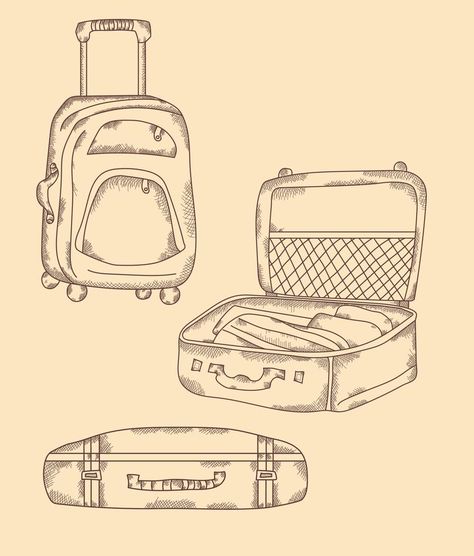 Collect travel items. Different types of suitcase, open, closed, stands on wheels. Vacation Hand drawn vector set, strokes, vintage. All elements are isolated Open Suitcase Drawing, Baggage Drawing, Suitcase Drawing, Open Suitcase, Travel Ad, Vector Shapes, Hand Drawn Vector, Travel Items, Easy Drawings