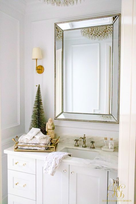 Christmas Home Tour 2017 - Silver and Gold Christmas guest bathroom/powder room dressed up for Christmas- Randi Garrett Design Powder Bath Christmas Decor, Christmas Decor Powder Room, Simple Christmas Bathroom, Christmas Decor In Bathroom, Powder Room Christmas Decor, Christmas Powder Room, Christmas Guest Bathroom, Christmas Bathroom Decor Small Spaces, Xmas Bathroom Decor