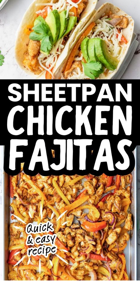 Sheetpan chicken fajitas with vegetables, avocado, and cheese, described as a quick and easy recipe. Chicken Fajita Sheet Pan Recipe, One Sheet Fajita Chicken, Canned Chicken Fajitas, Oven Fajitas Chicken Sheet Pan, One Pan Fajitas Chicken, One Pan Chicken Fajitas, Oven Fajitas Chicken, Chicken Fajitas In Oven, One Sheet Pan Meals Chicken