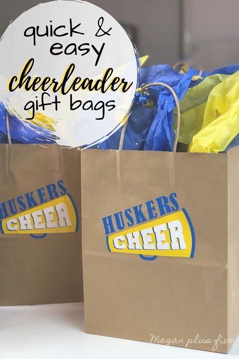 Last minute end of the season cheerleader gift bags - Megan plus five Simple Cheer Team Gifts, Gift Ideas For Cheer Team, Cheer Thank You Gifts, Cheerleader Gifts For Team Goody Bags, Cheer Spirit Gifts Ideas Goodie Bags, Cheer Swag Bag Ideas Diy, Homecoming Treat Bags, Cheer Treat Bags Ideas, Cheer Team Treats