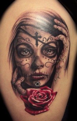 Day Of The Dead Tattoo Designs | Mexican Day of the Dead Tattoos for Girls Skull Candy Tattoo, Half Tattoo, La Santa Muerte Tattoo, La Muerte Tattoo, A Rose Tattoo, Candy Skull Tattoo, Mexican Tattoo, Catrina Tattoo, Skull Girl Tattoo