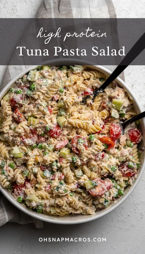 This tuna pasta salad is loaded with colorful veggies, high protein noodles and high quality tuna. All tossed in a yogurt cream sauce that is sure to wow your next bbq. Easy to make and great for leftovers, this pasta salad is a must have on your summer menu. Yogurt Cream Sauce, Oh Snap Macros, Tuna Lunch, Protein Noodles, Tuna Pasta Salad Recipes, Tuna Pasta Salad, High Protein Pasta, Colorful Veggies, Tuna Salad Pasta