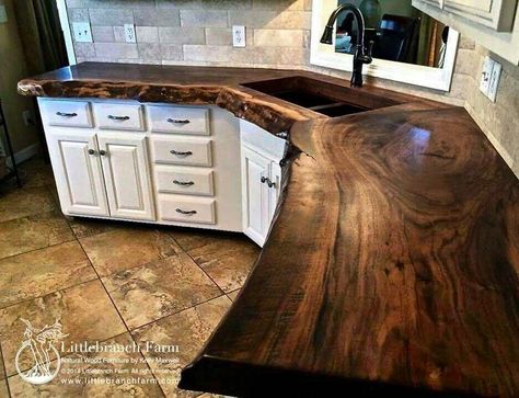 Granite countertops are so overdone. I love the traditional rustic look of wooden countertops. What do you think? Natural Wood Furniture by Kelly Maxwell of LittleBranch Farm. 🌳www.littlebranchfarm.com  Wood is a traditional countertop material that has lost prominence over the years due both to the widespread popularity of granite and other solid surfaces, and to the mistaken perception that wood can harbor germs and bacteria. In fact, according to a 1993 University of Wisconsin study in which Wood Counters, Dapur Rustic, Koti Diy, Cabinets Painted, Wood Countertop, Wood Countertops, Farmhouse Style Kitchen, Counter Top, Design Case