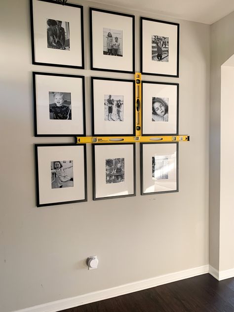 9 Gallery Wall, Farmhouse Wall Gallery, 9 Piece Gallery Wall, Black And White Gallery Wall Dining Room, Wall Gallery Photos, Picture Wall Small Space, Family Photo Picture Wall, Gallery Wall Tips And Tricks, Spacing Between Pictures On Wall