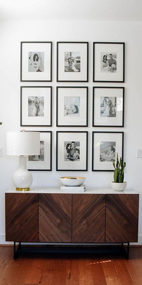 Remember, when it comes to displaying family pictures on a wall, black and white is always right!  🔲 ---------------- #gallery #walls #diy #tips #frames #framing #frame #art #artwork Family Picture Decorating Ideas, Black And White Wall Gallery, Family Picture Wall Ideas, Sculptural Mirror, Picture Frame Store, Displaying Family Pictures, Remodel Garage, Western Family, Stylish Entryway