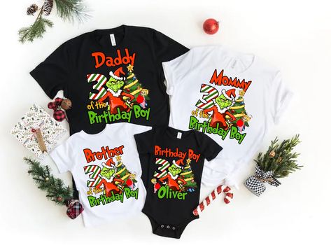 Personalized Christmas Shirts, Grinch Shirts, Grinch Party, Christmas Birthday Party, Boys 1st Birthday Party Ideas, 1st Birthday Party Themes, First Birthday Shirts, Baby Boy 1st Birthday, Family Christmas Shirts